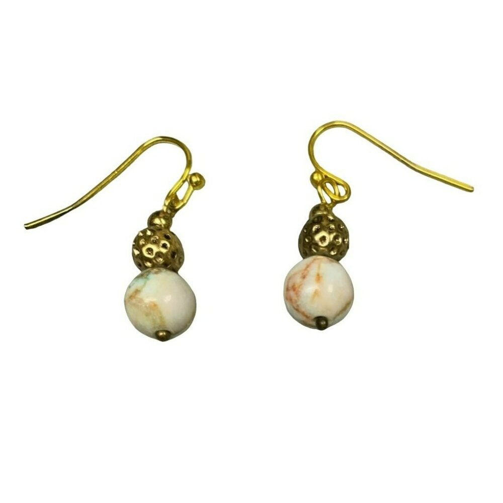 Vintage Gold tone Hook Earrings With White Marbled Beads & Textured Brass Accent